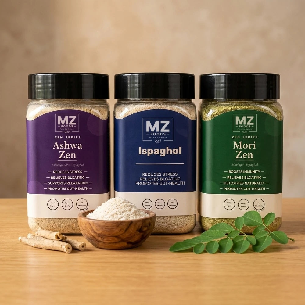 MZ Foods Ashwa Zen, Ispaghol and Mori Zen jars on a wooden table